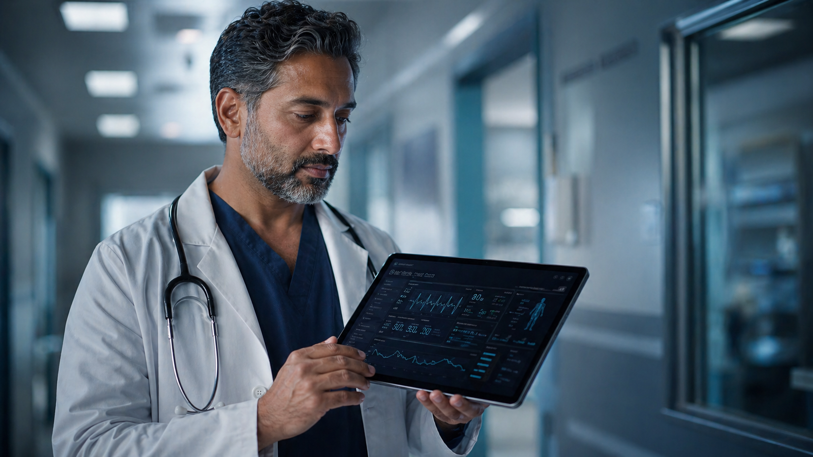NHS consultant reviewing patient trend data on a clinical dashboard tablet