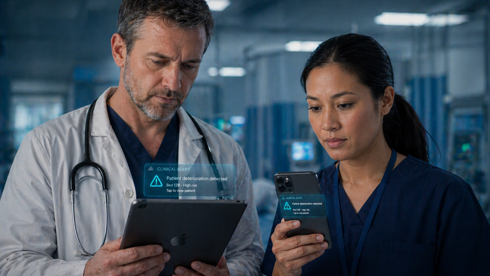 Consultant and nurse receiving role-based clinical alerts on their devices